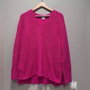 J.Crew Radiant Fuchsia Pink Cotton V-Neck Tunic Sweater Size Large